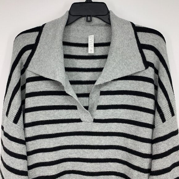 Stylus Sweater Gray Black Stripe V Neck Long Sleeve Pullover NWT - Picture 4 of 12